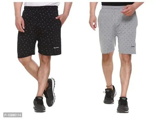 TREND AVENUE Men Cotton Printed Pack of 2 Regular Shorts (Combo - Black  Grey)