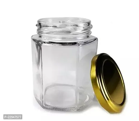 Glass Hexagon Glass Jar With Air Tight Gold Metal Cap 200 Ml (Set Of 6)-thumb0