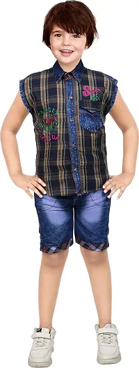 Nazrana Boys Denim Casual Sleeveless Shirt and Shorts Set