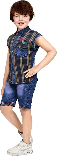 Nazrana Boys Denim Casual Sleeveless Shirt and Shorts Set-thumb2