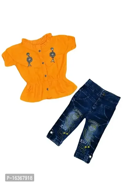 Nazrana Girls Denim Casual T-Shirt and Jeans Set (Yellow, 1-2 Years)-thumb0
