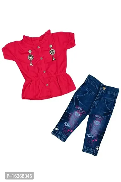 Nazrana Girls Kids Denim Casual T-Shirt and Jeans Set (Pink, 1-2 Years)