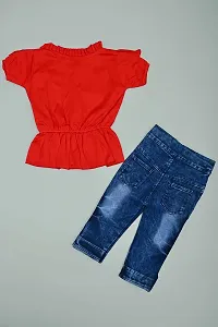 Nazrana Girls Denim Casual T-Shirt and Jeans Set (Red, 1-2 Years)-thumb1