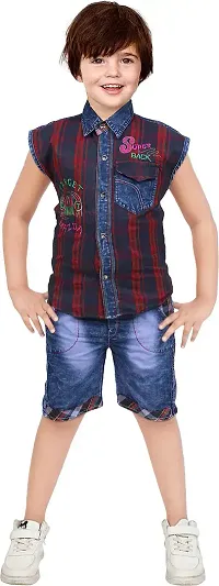 Nazrana Boys Denim Casual Sleeveless Shirt and Shorts Set