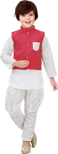 Stylish Pure Cotton Boys Festive Party Kurta, Waistcoat And Breeches Set-thumb0