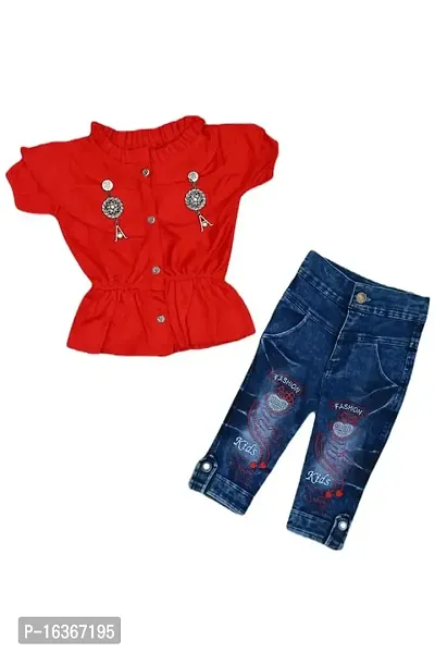 Nazrana Girls Denim Casual T-Shirt and Jeans Set (Red, 1-2 Years)-thumb0