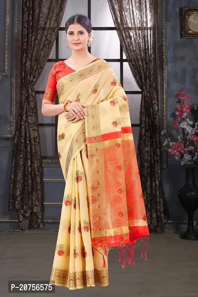 Classy Chanderi Cotton Cream Saree with Blouse piece For Women-thumb0