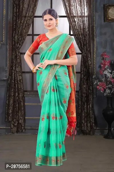 Classy Chanderi Cotton Green Saree with Blouse piece For Women-thumb3