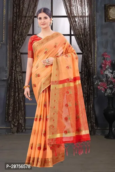 Classy Chanderi Cotton Peach Saree with Blouse piece For Women