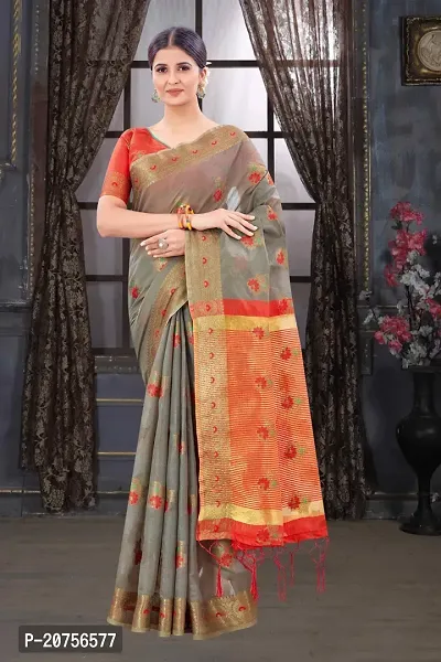 Classy Chanderi Cotton Grey Saree with Blouse piece For Women