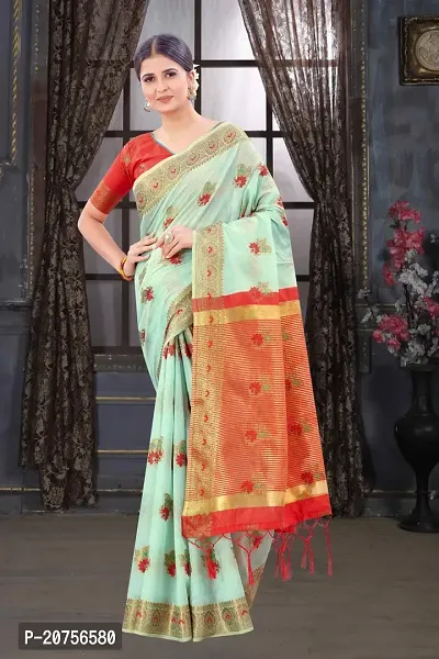 Classy Chanderi Cotton Sea Green Saree with Blouse piece For Women