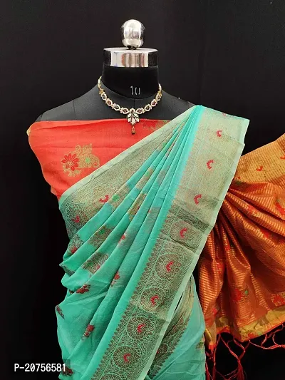 Classy Chanderi Cotton Green Saree with Blouse piece For Women-thumb5