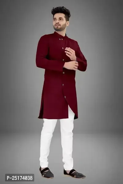 Men Cotton Blend Kurta Pyjama Set (Maroon)-thumb0