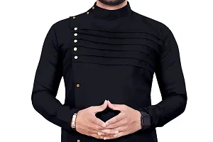 Men Cotton Blend Kurta Pyjama Set (Black)-thumb3