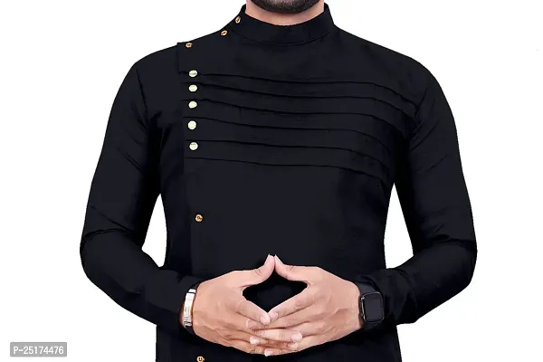 Men Cotton Blend Kurta Pyjama Set (Black)-thumb4