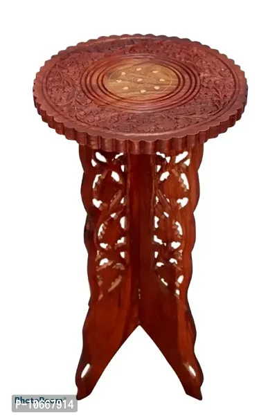 Coffee Table End Table Sheesham Wood Engraved and Brass Inlay Work Wooden Table Stool 24 Inches-thumb0