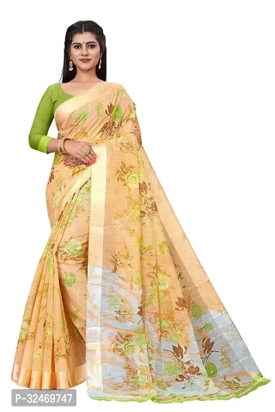 Elegant Beige Polycotton Printed Saree Without Blouse Piece For Women-thumb0