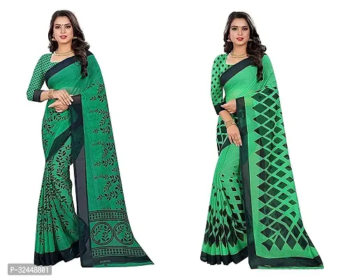 Stylish Green Polycotton Printed Sarees For Women Pack Of 2-thumb0