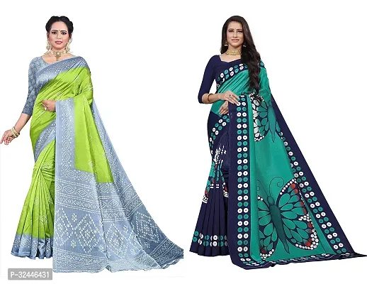 Stylish Green Polycotton Printed Sarees For Women Pack Of 2-thumb0