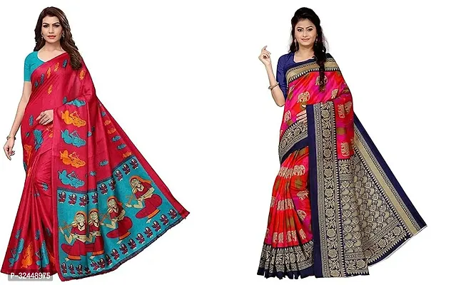 Stylish Red Polycotton Printed Sarees For Women Pack Of 2-thumb0