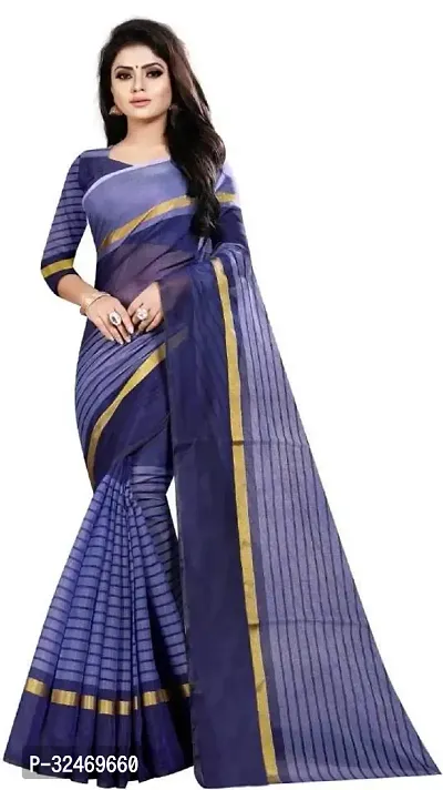 Elegant Navy Blue Polycotton Striped Saree Without Blouse Piece For Women-thumb0