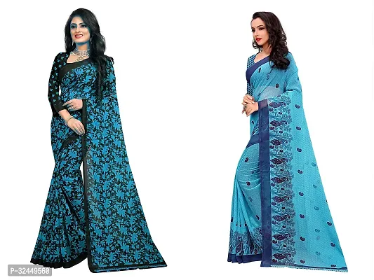 Stylish Blue Polycotton Printed Sarees For Women Pack Of 2-thumb0