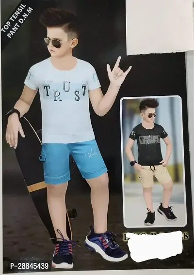 Stylish White Cotton Printed Tops with Shorts For Boys