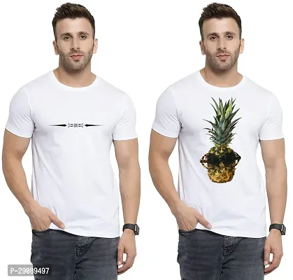 Stylish White Cotton Printed Round Neck Tees For Men Pack Of 2-thumb0