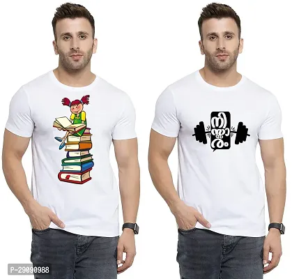 Stylish White Cotton Printed Round Neck Tees For Men Pack Of 2-thumb0