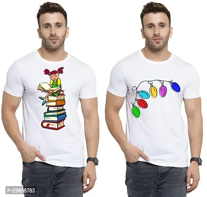 Stylish White Cotton Printed Round Neck Tees For Men Pack Of 2-thumb0