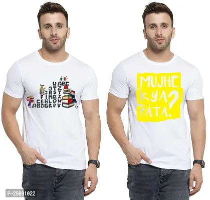 Stylish White Cotton Printed Round Neck Tees For Men Pack Of 2