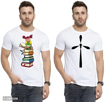 Stylish White Cotton Printed Round Neck Tees For Men Pack Of 2