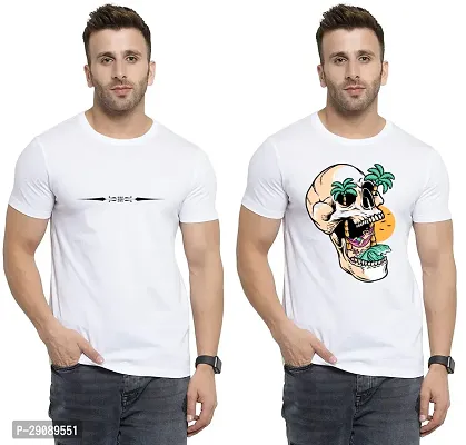 Stylish White Cotton Printed Round Neck Tees For Men Pack Of 2-thumb0