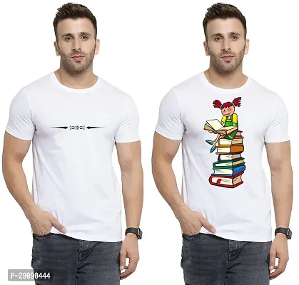 Stylish White Cotton Printed Round Neck Tees For Men Pack Of 2