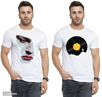 Stylish White Cotton Printed Round Neck Tees For Men Pack Of 2-thumb0