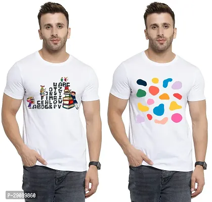 Stylish White Cotton Printed Round Neck Tees For Men Pack Of 2-thumb0