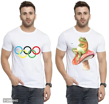 Stylish White Cotton Printed Round Neck Tees For Men Pack Of 2-thumb0