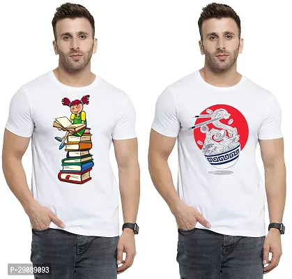 Stylish White Cotton Printed Round Neck Tees For Men Pack Of 2