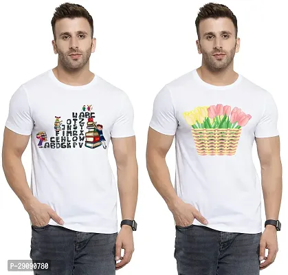 Stylish White Cotton Printed Round Neck Tees For Men Pack Of 2-thumb0