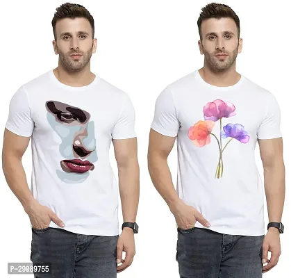 Stylish White Cotton Printed Round Neck Tees For Men Pack Of 2-thumb0