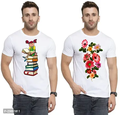 Stylish White Cotton Printed Round Neck Tees For Men Pack Of 2-thumb0