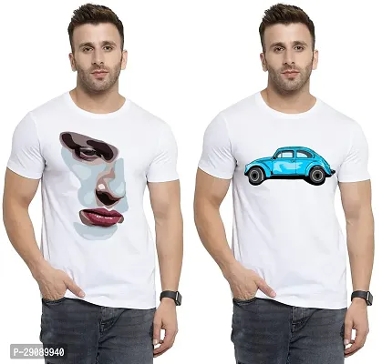 Stylish White Cotton Printed Round Neck Tees For Men Pack Of 2-thumb0