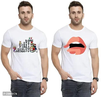 Stylish White Cotton Printed Round Neck Tees For Men Pack Of 2-thumb0