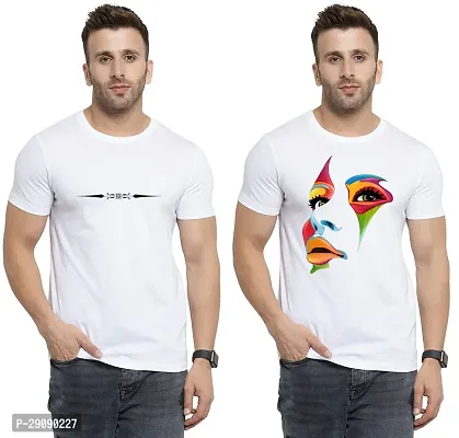 Stylish White Cotton Printed Round Neck Tees For Men Pack Of 2-thumb0