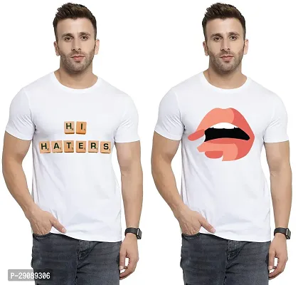 Stylish White Cotton Printed Round Neck Tees For Men Pack Of 2-thumb0