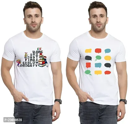 Stylish White Cotton Printed Round Neck Tees For Men Pack Of 2-thumb0