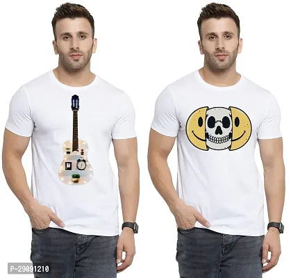 Stylish White Cotton Printed Round Neck Tees For Men Pack Of 2