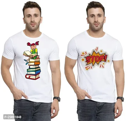 Stylish White Cotton Printed Round Neck Tees For Men Pack Of 2