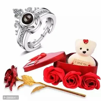 Loving Crown Ring With Artificial Red Rose And Soft Teddy Bear With Flower Box For Girlfriend, Wife, Lovers Romantic Gift For Valentine Day