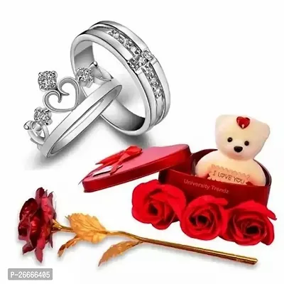 Rose Gold Crown Ring With Artificial Red Rose And Soft Teddy Bear With Flower Box For Girlfriend, Wife, Lovers Romantic Gift For Valentine Day